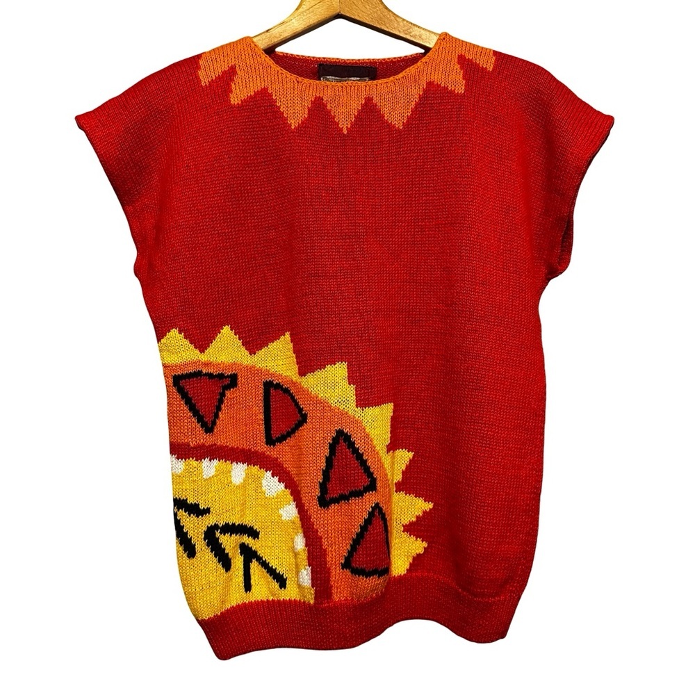 VTG 90s Red Sun Graphic Knit Sweater Vest Boho Southwestern Artsy Statement Top